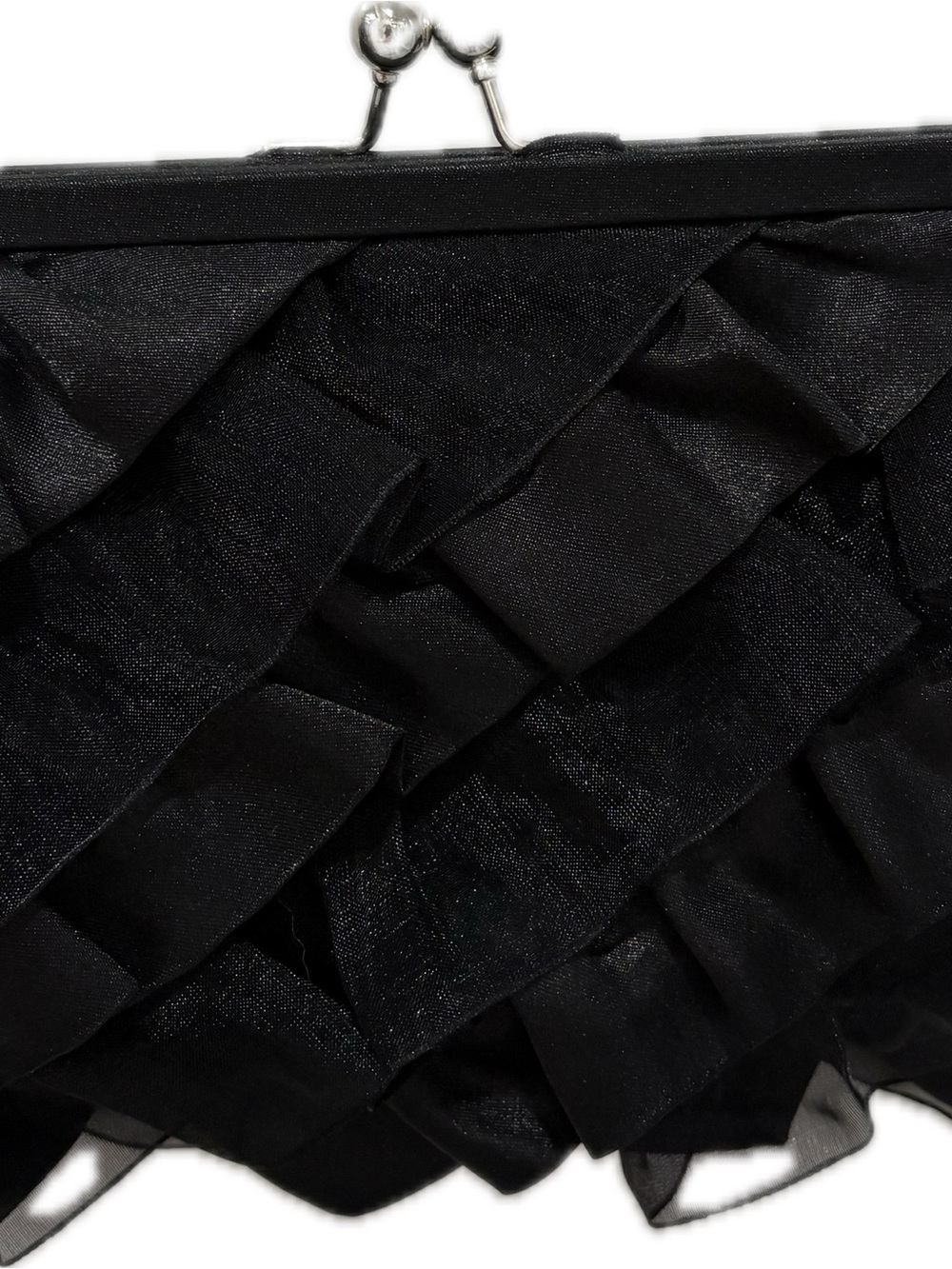 White House Black Market Black Satin Ruffle Clutch Evening Bag, Silver Chain - Picture 4 of 7